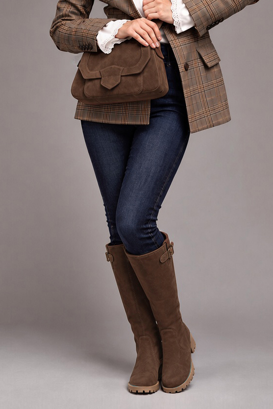 Women's chocolate brown custom-made buckle knee-high boots with  and - Top view